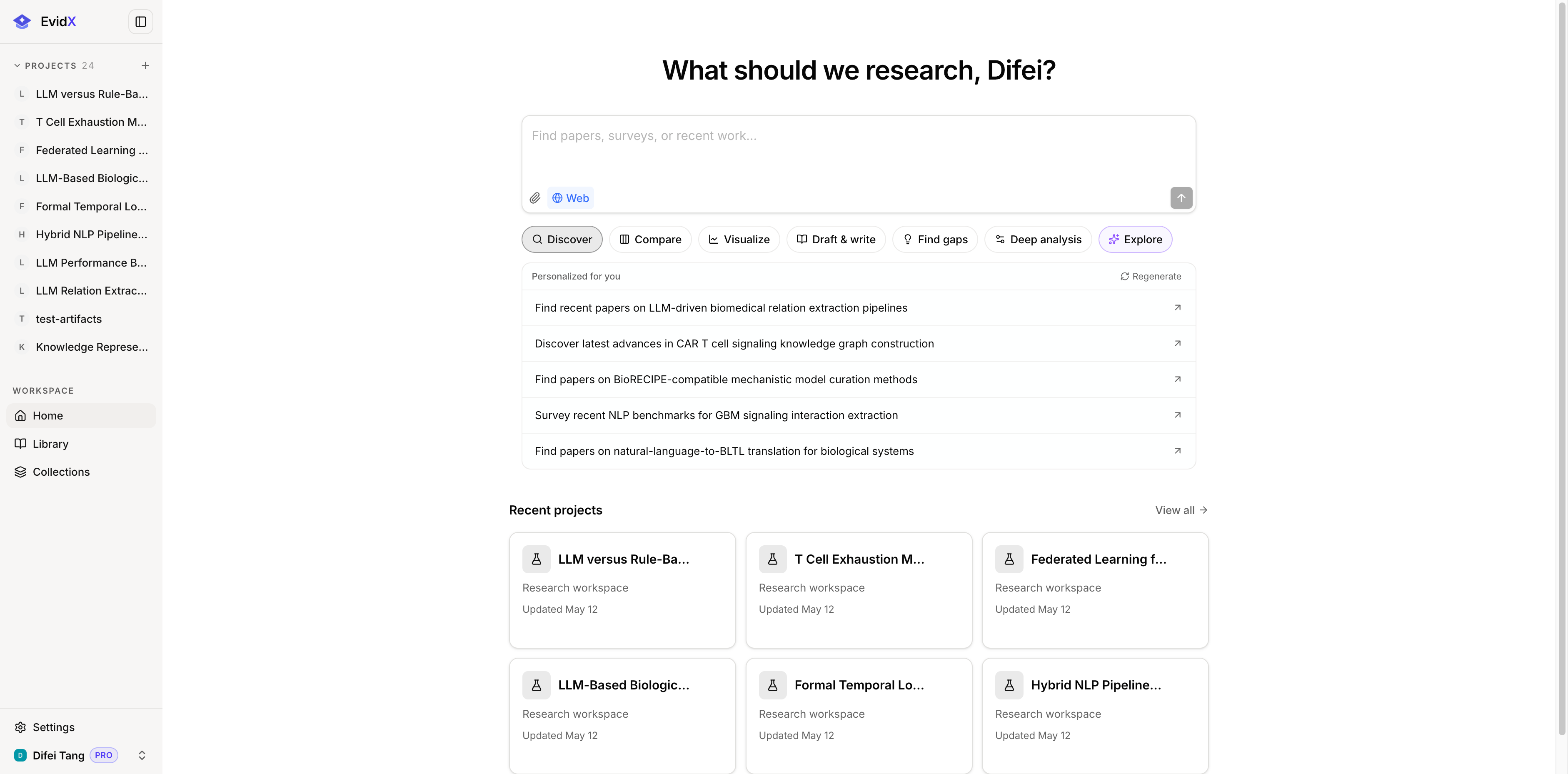 EvidX home launcher with personalized research suggestions