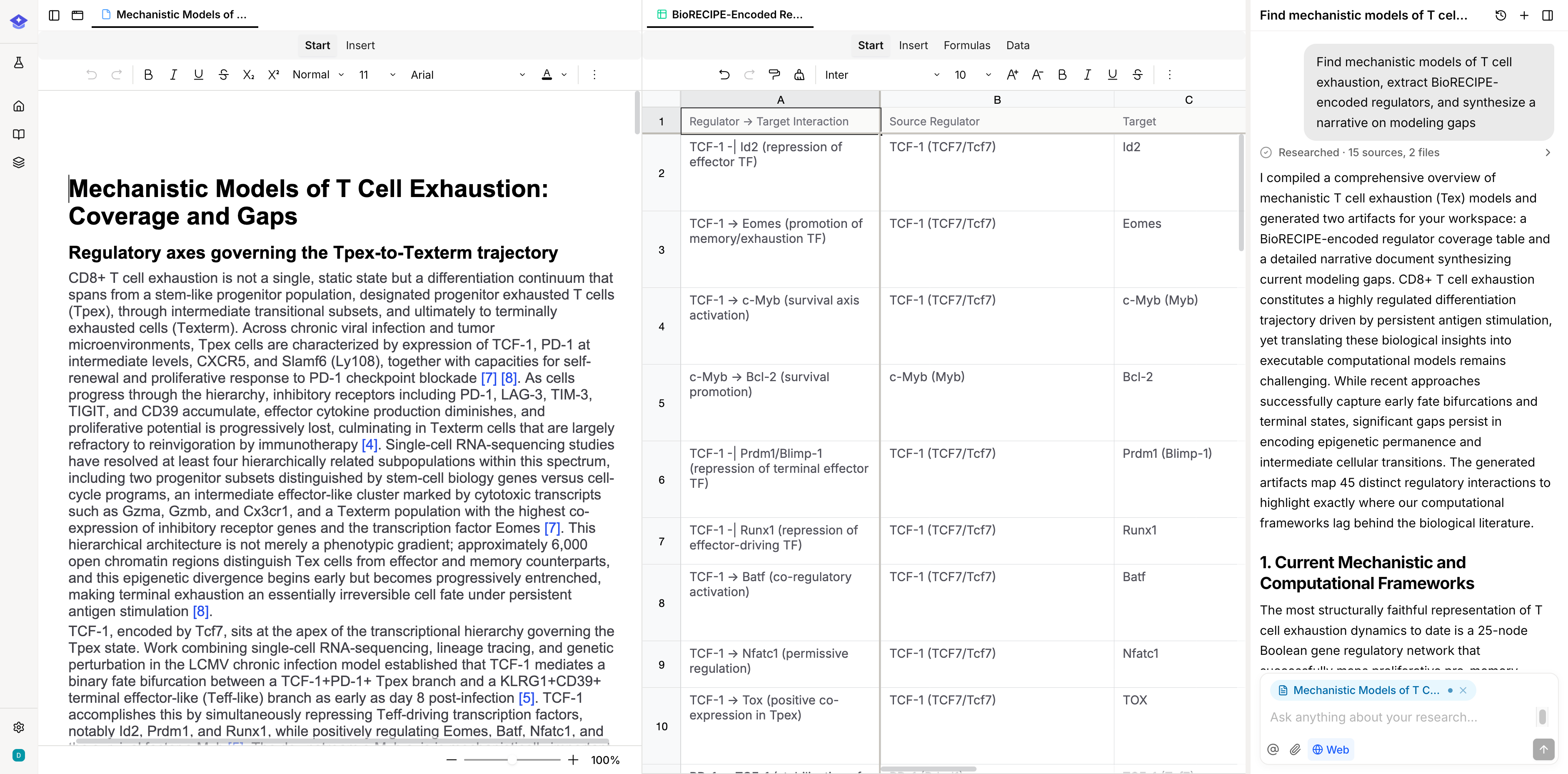 EvidX workspace mid-flow: agent thinking on the right, table and chart on the canvas